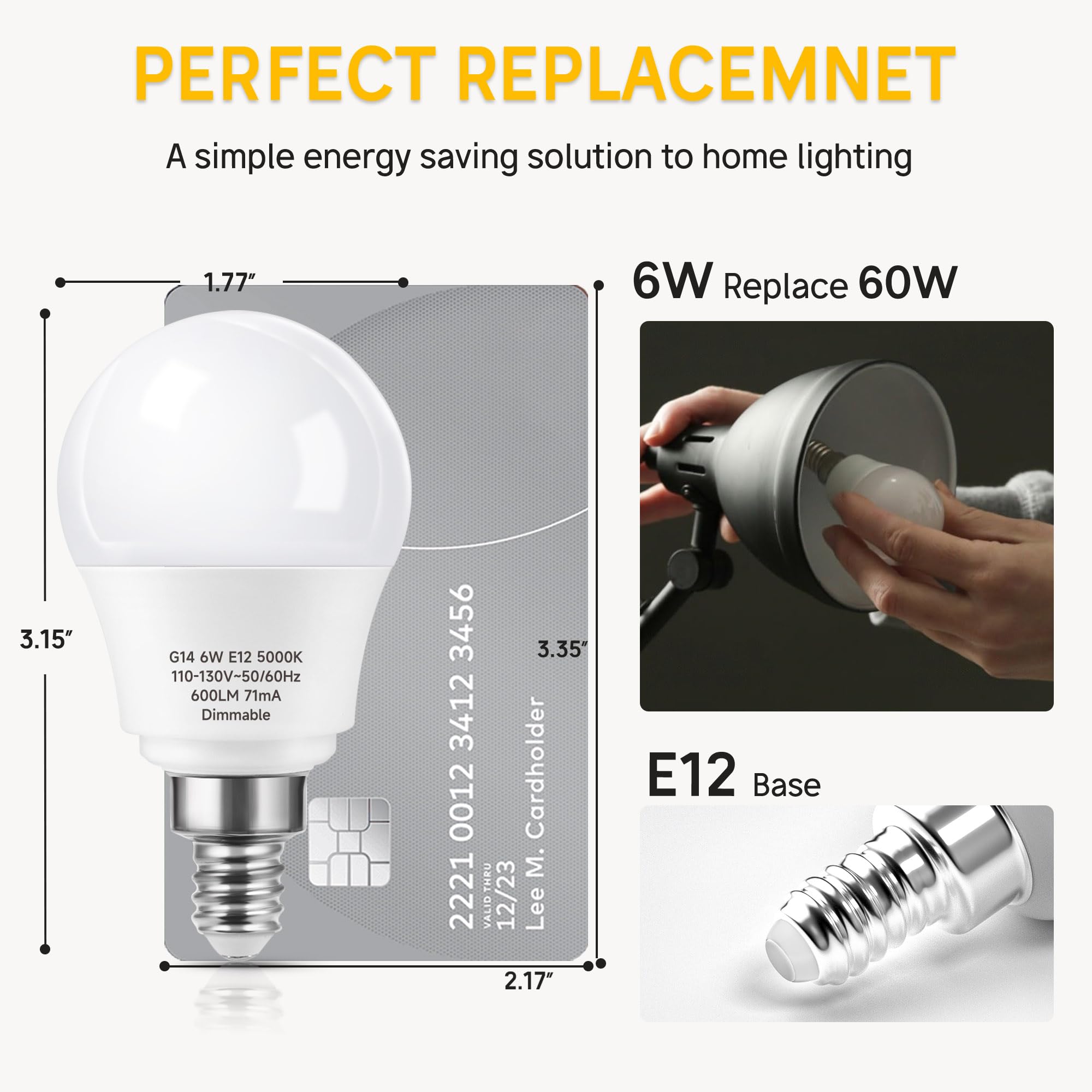 Closeup of Prosperbiz E12 dimmable globe bulb showing glass and base.