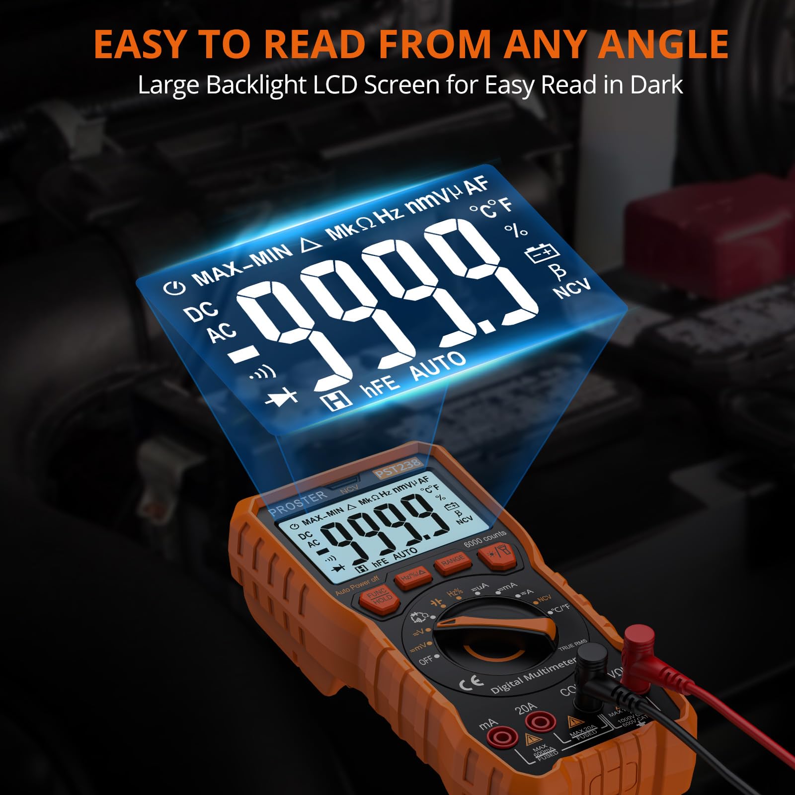 Proster digital multimeter backlight improves visibility in dim workspaces.