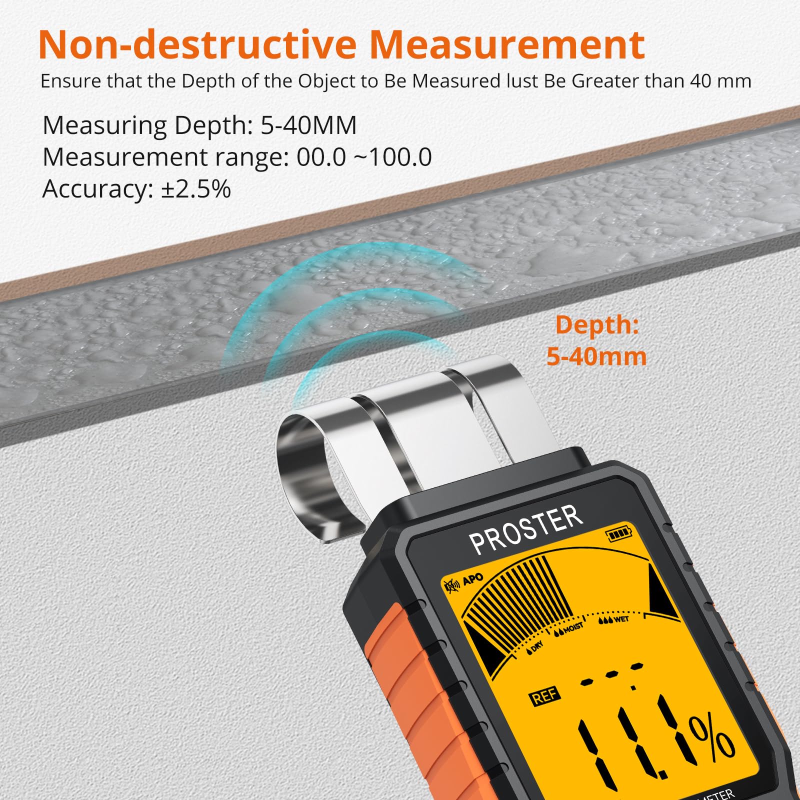 Proster moisture meter in plaster mode for non-destructive checks