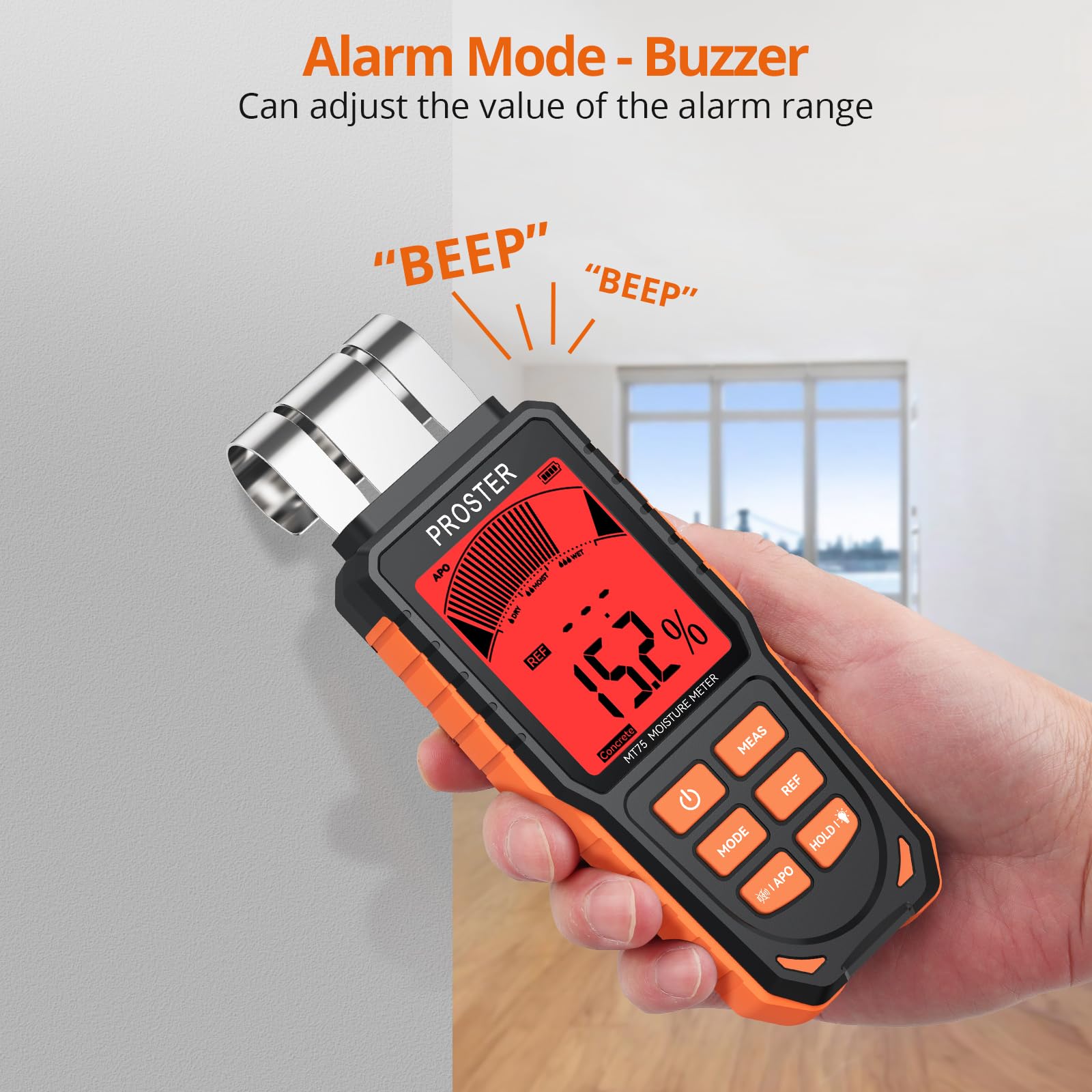 Proster moisture meter in wood mode for multi-material testing