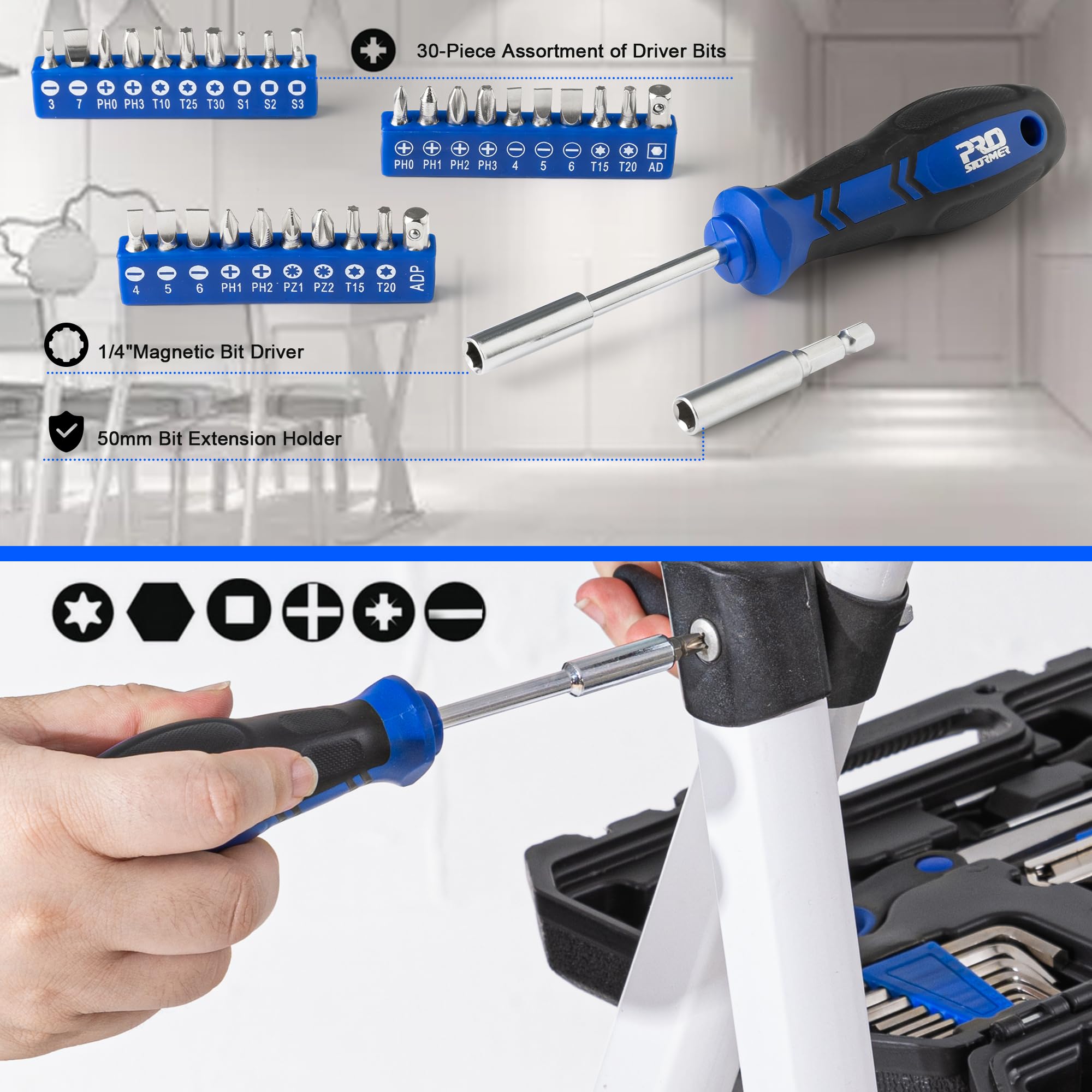 Prostormer dual-head mini ratchet screwdriver with sockets.