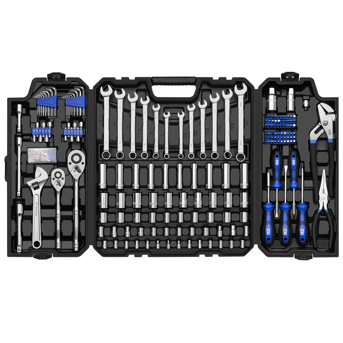 Prostormer 240-piece tool set with sockets and wrenches for versatile automotive repairs.
