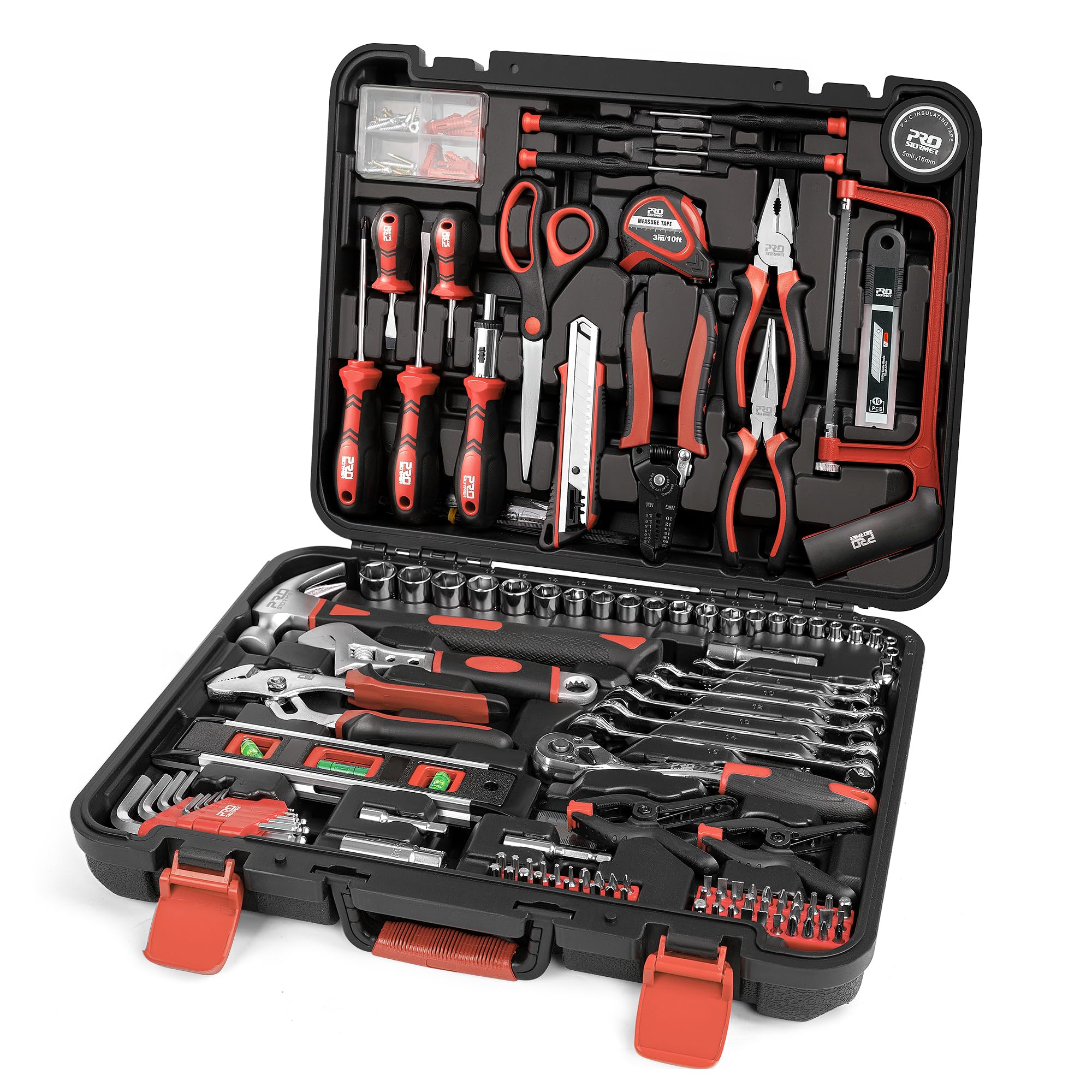 Prostormer 259-piece tool kit in red case ready for home repairs.