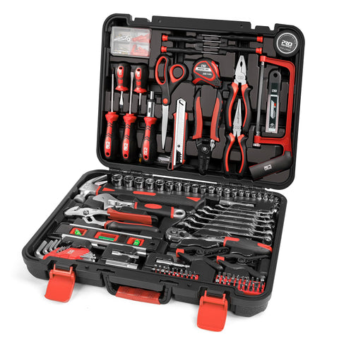 Prostormer 259-piece tool kit in red case ready for home repairs.