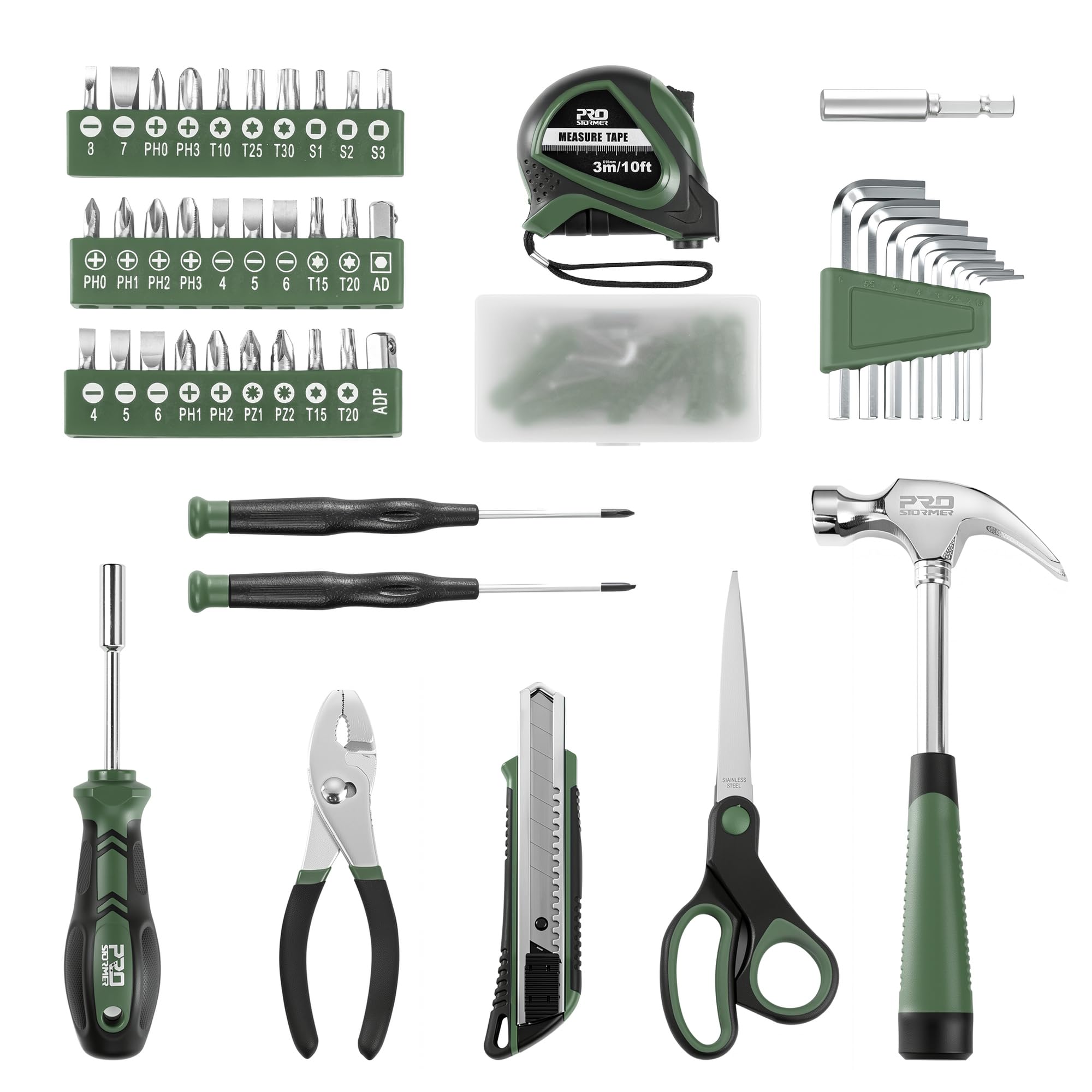 Prostormer 93-piece tool kit with claw hammer for quick home fixes.