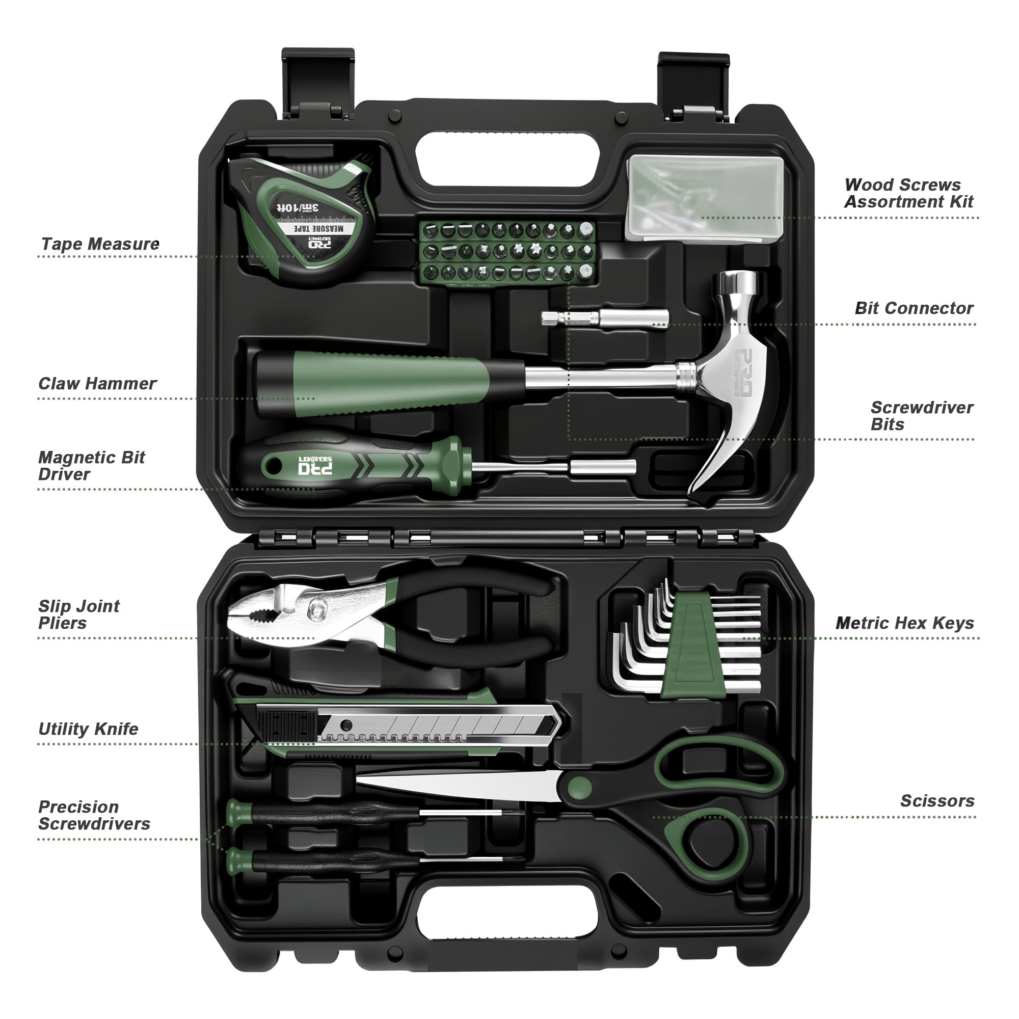 Prostormer 93-piece tool kit with pliers and tape measure for versatile gripping.