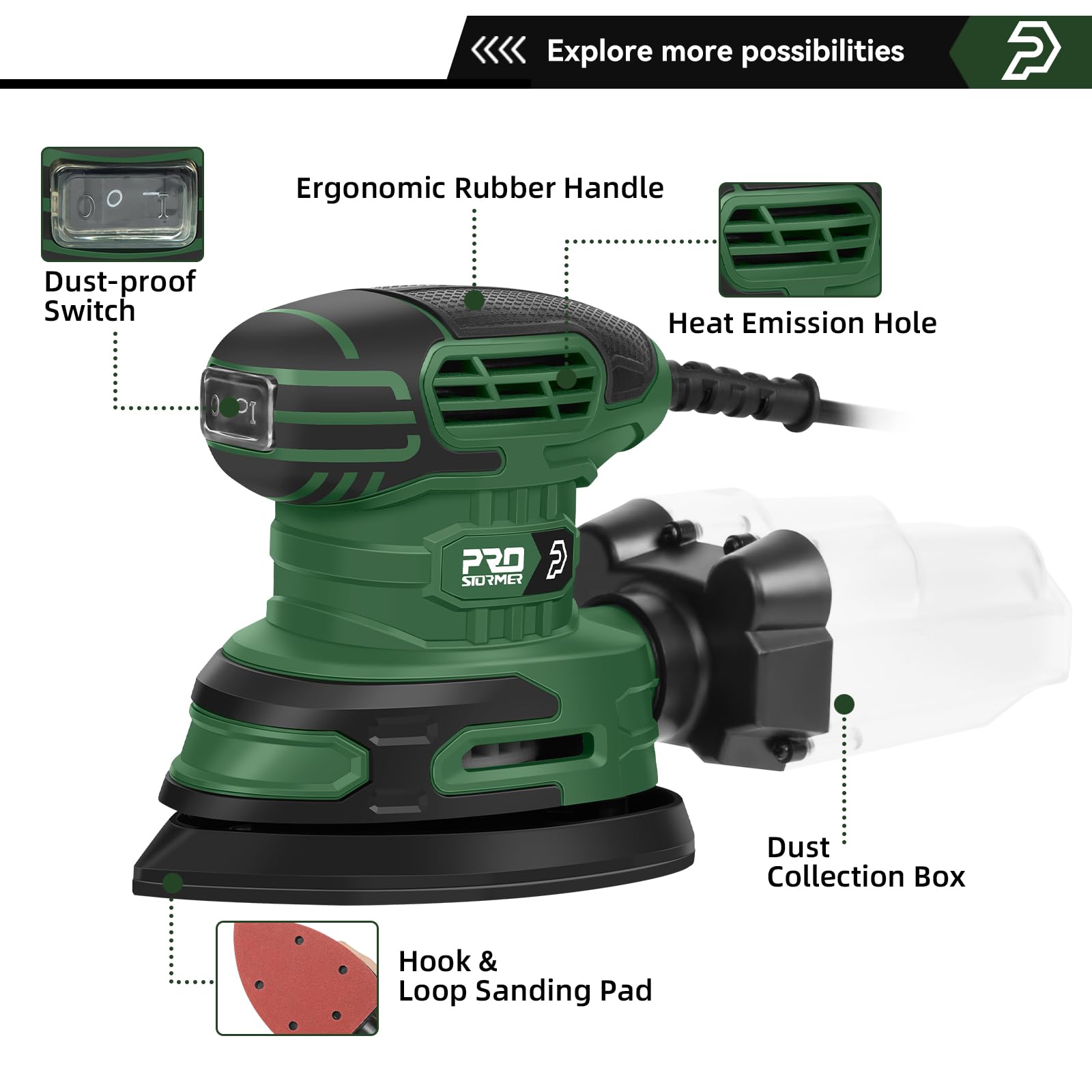 Prostormer Detail Sander dust box shows efficient debris containment