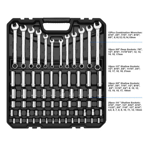 Prostormer SAE and metric socket set supports standard and metric fasteners.