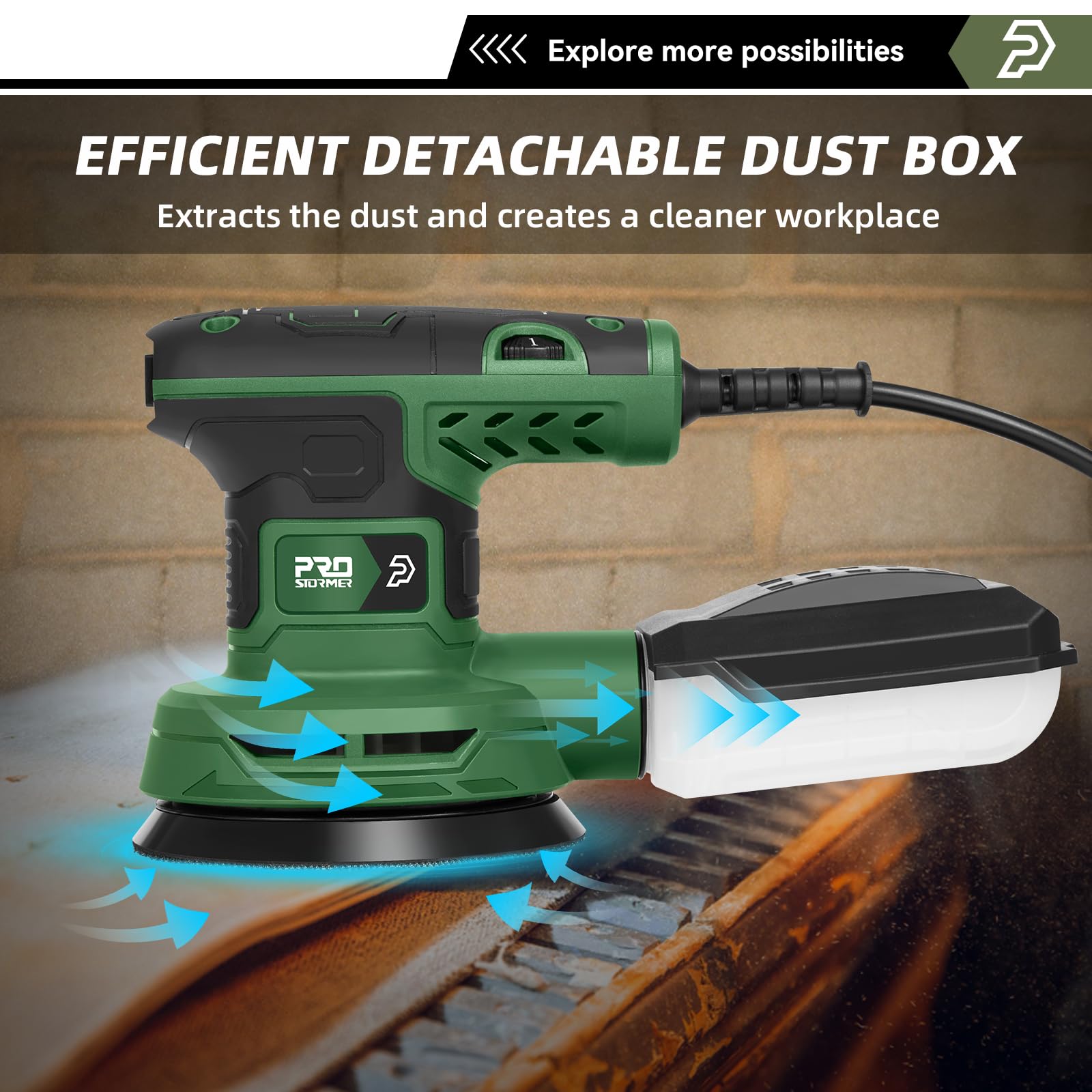 Prostormer sander used on metal and wood surfaces for polishing and finishing