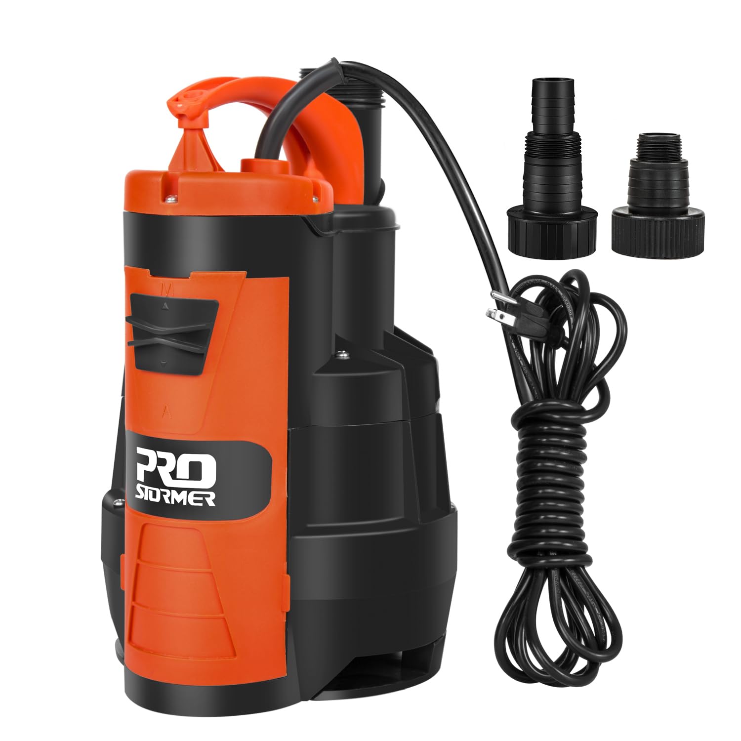 Prostormer sump pump front view ready for quick drainage tasks.