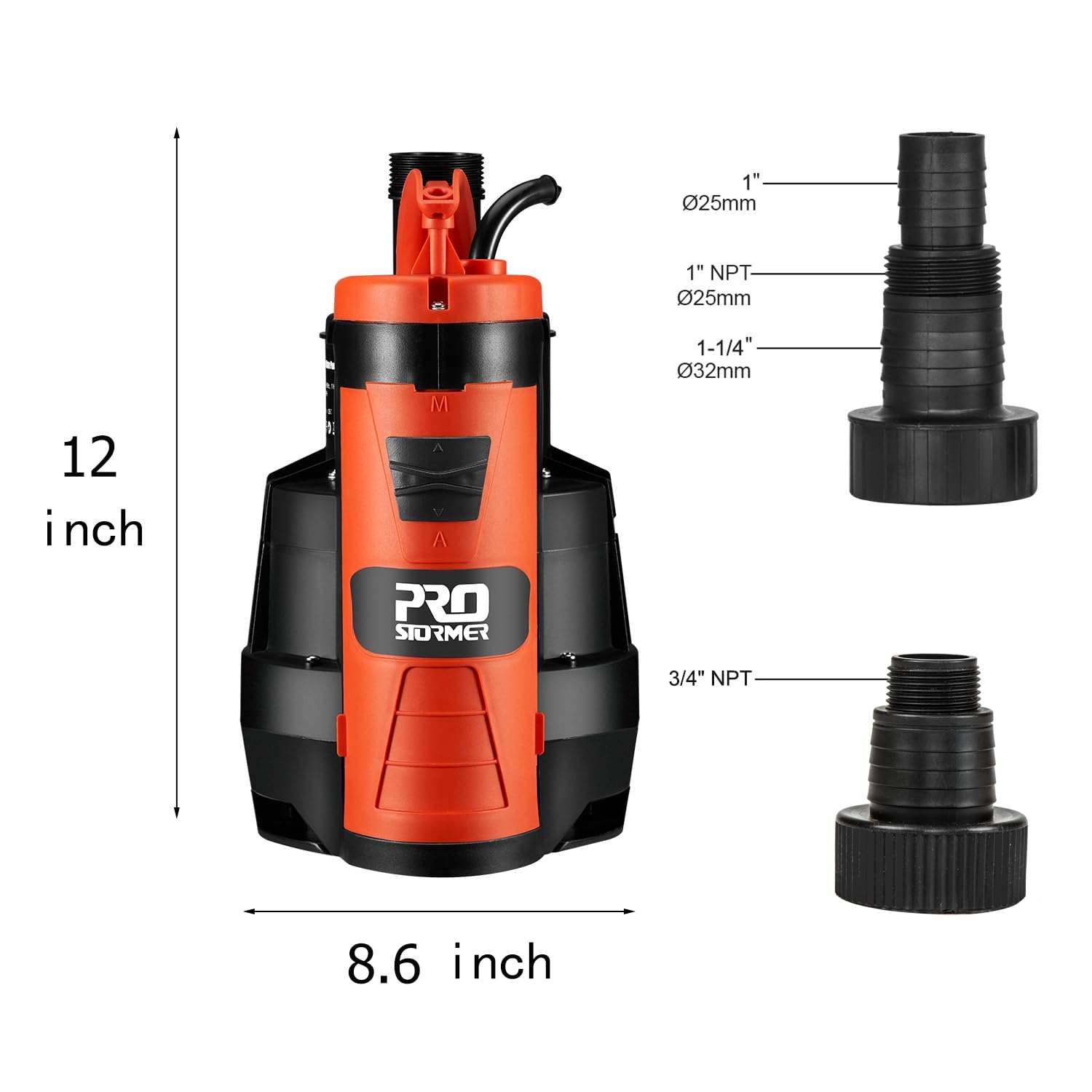Prostormer sump pump showing auto/manual switch for mode control.