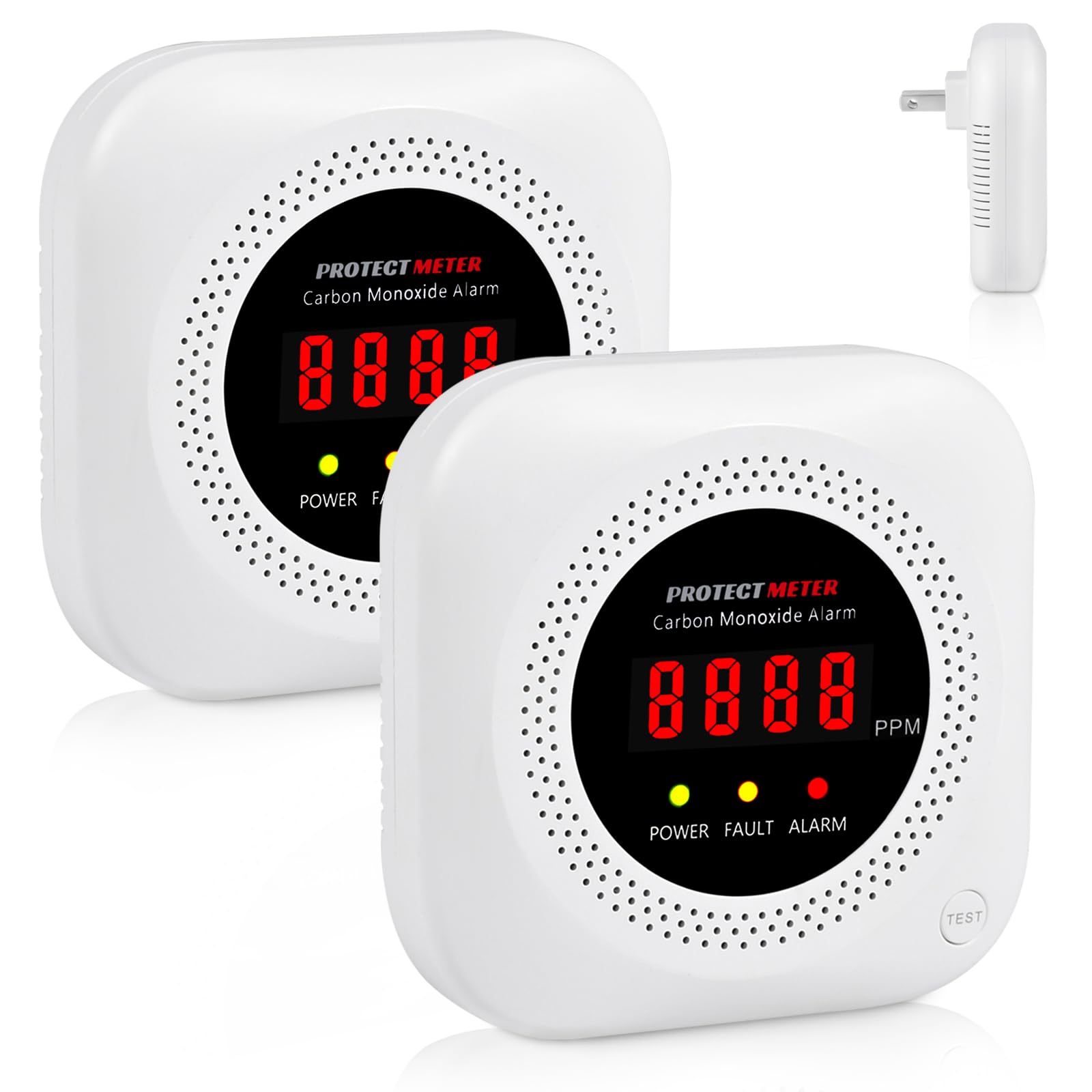 PROTECTMETER 2-pack carbon monoxide detector plugged into outlet for reliable home protection.