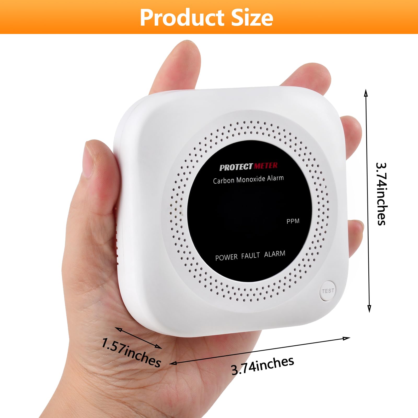 PROTECTMETER carbon monoxide detector with digital LED display for easy monitoring.