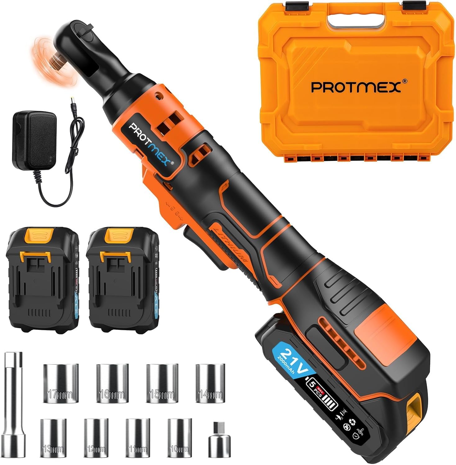 Protmex 3/8 cordless ratchet wrench front view with compact head for tight spaces.