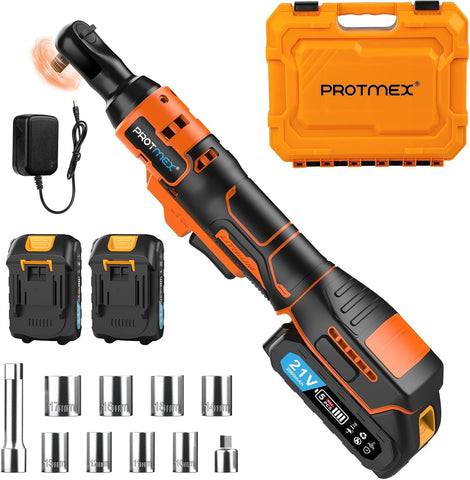 Protmex 3/8 cordless ratchet wrench front view with compact head for tight spaces.