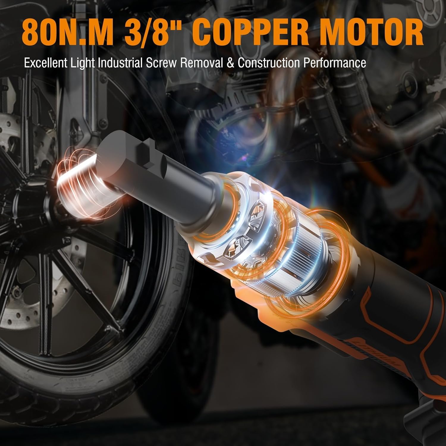 Protmex cordless ratchet wrench in use in a tight engine compartment.