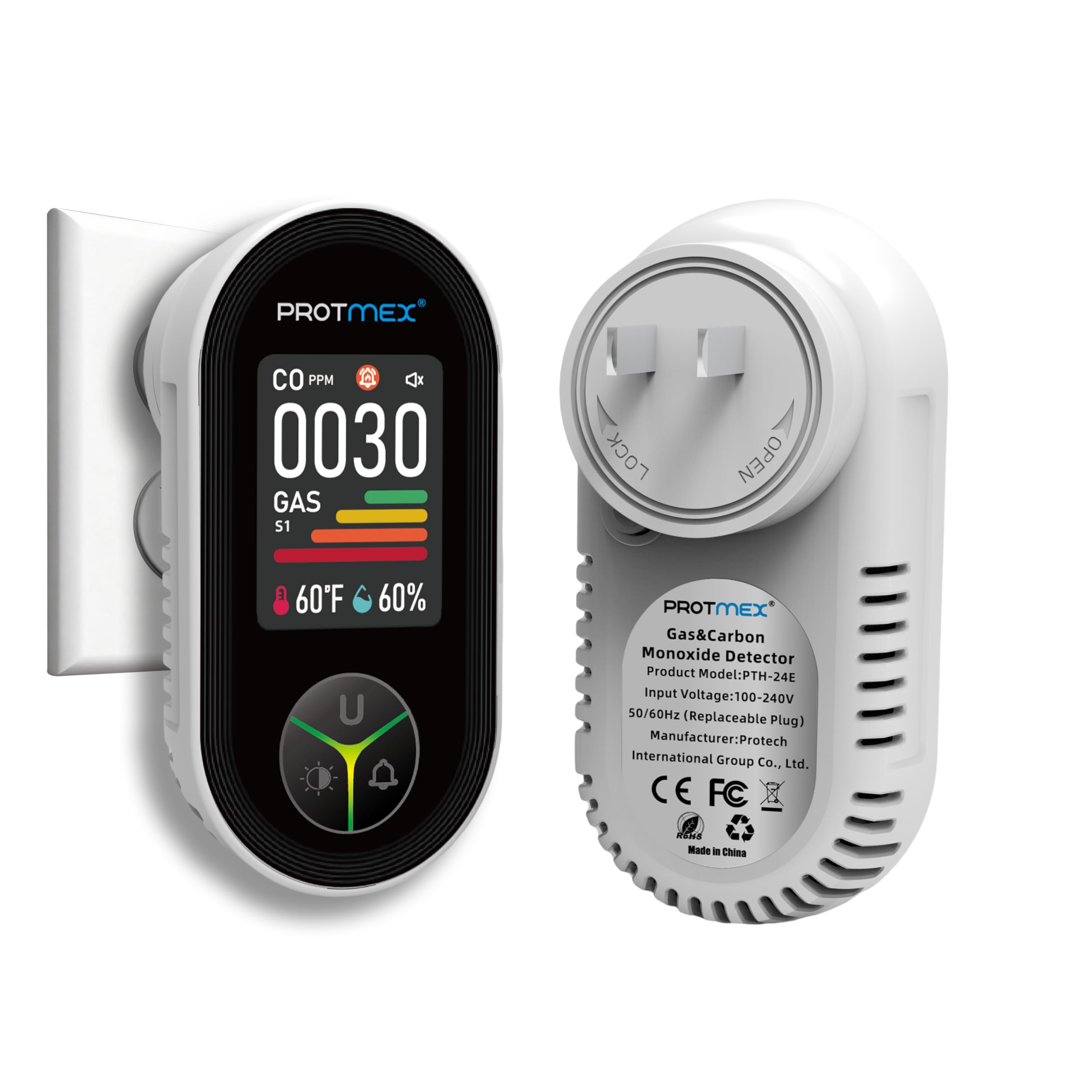 Protmex 4-in-1 CO detector with large LCD shows clear readings for quick awareness.