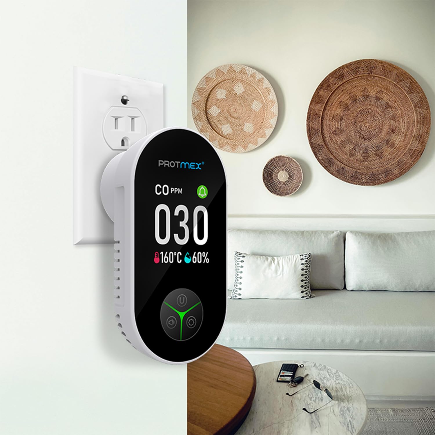Protmex CO detector display shows CO, temperature, and humidity at a glance