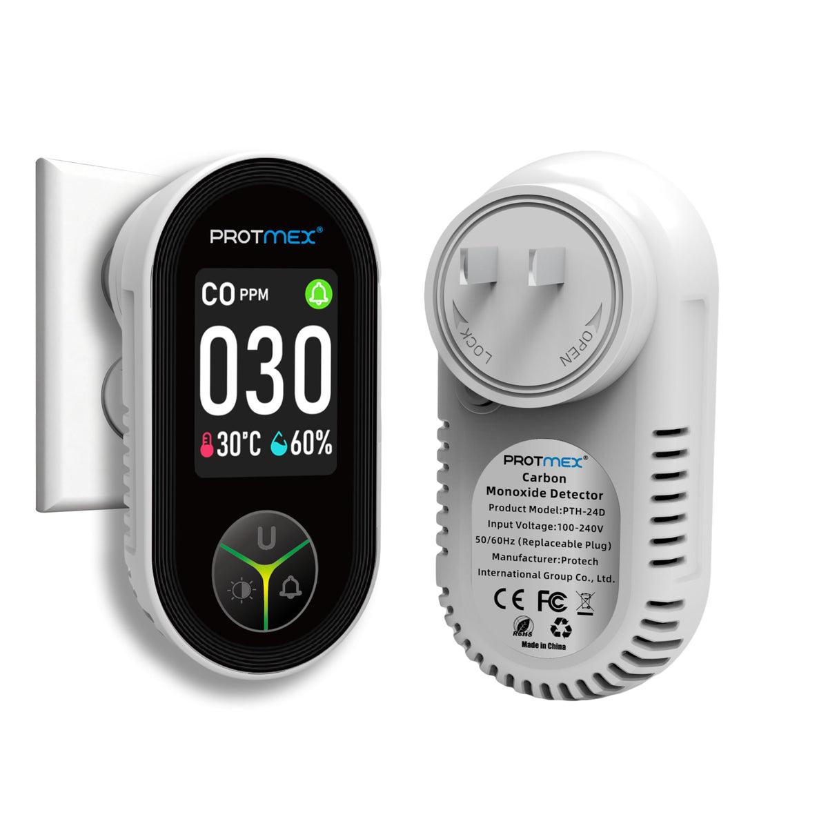Protmex CO detector plug-in with real-time readings for quick awareness