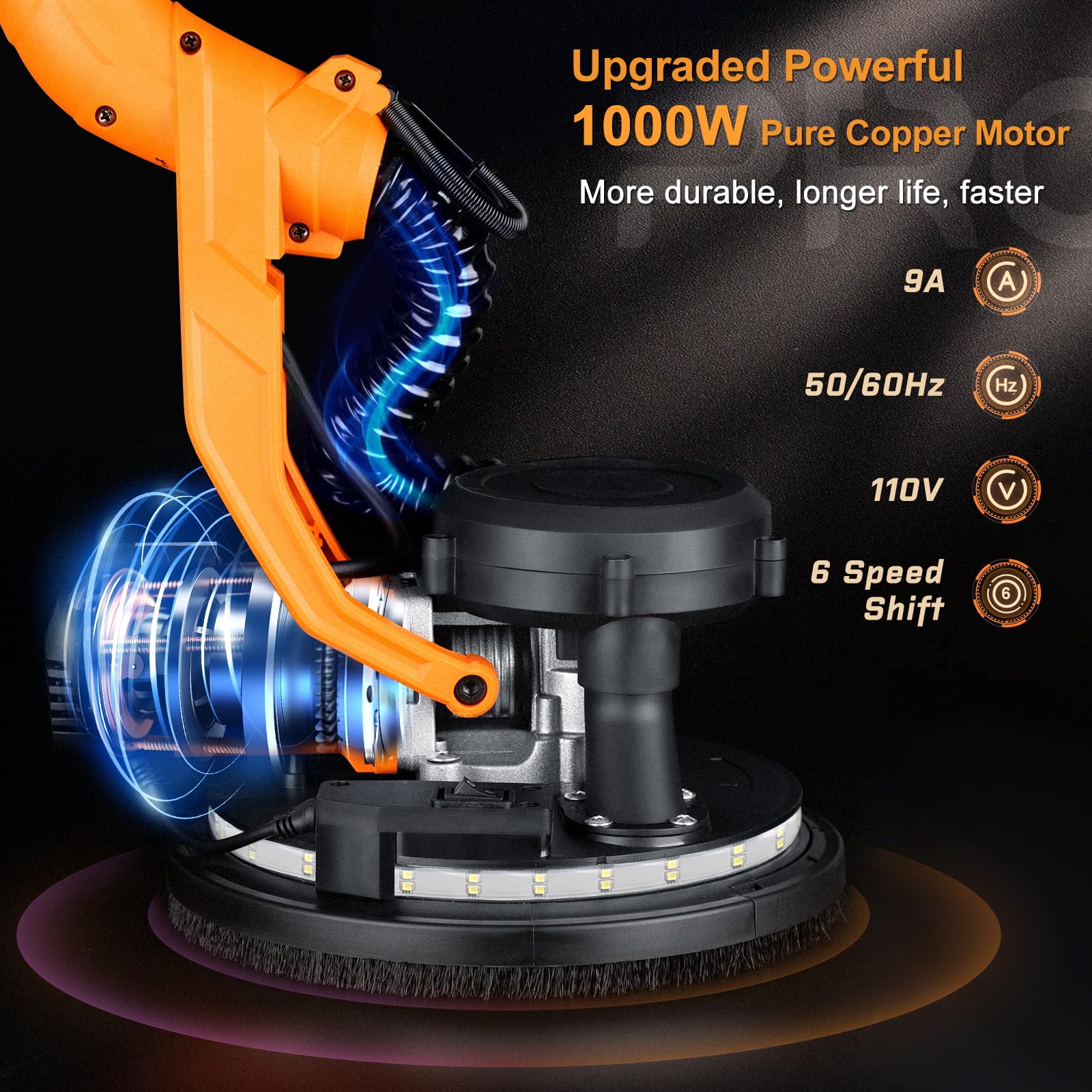 Protmex drywall sander 1000W copper motor delivers powerful, smooth sanding.