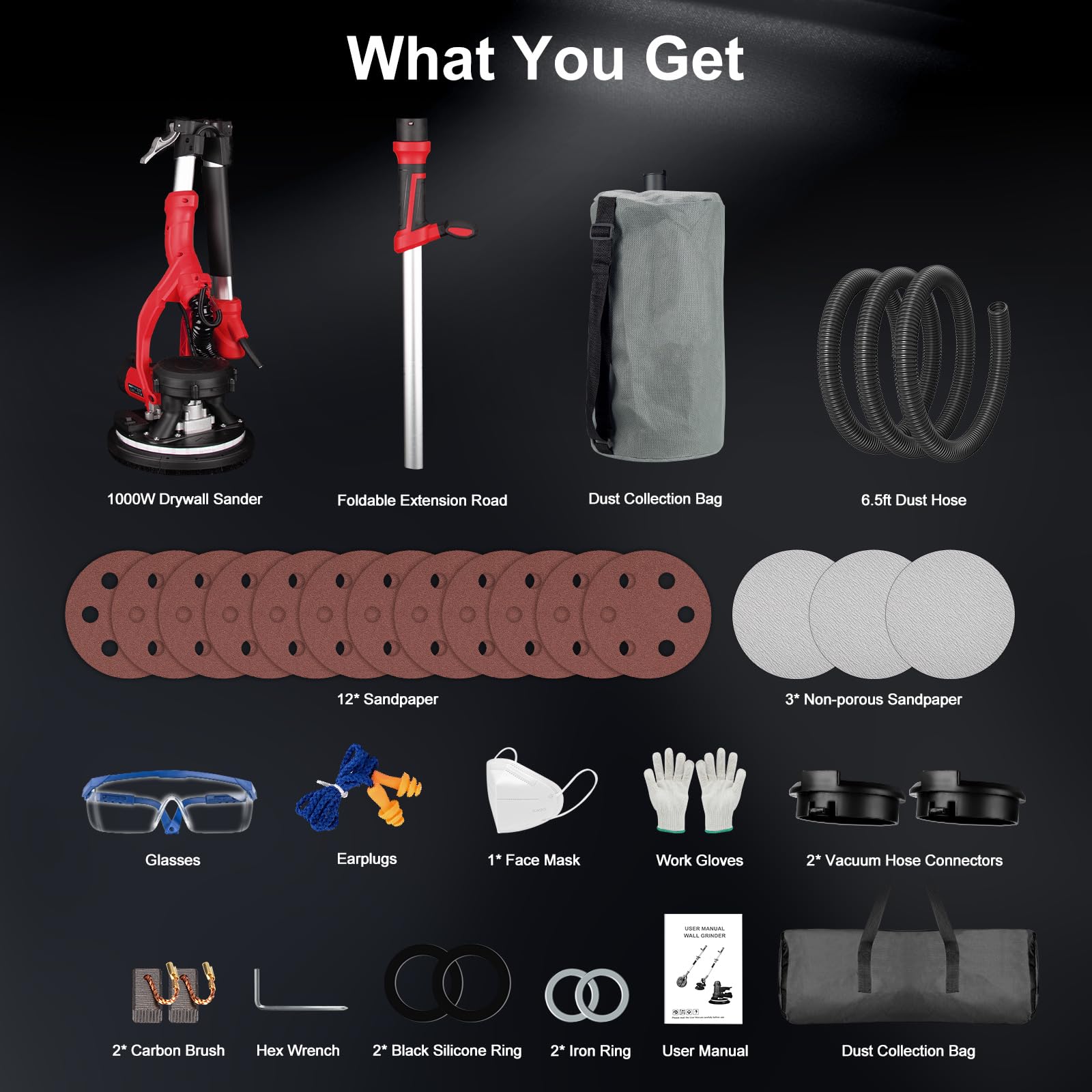 Protmex accessories kit laid out for the drywall sander