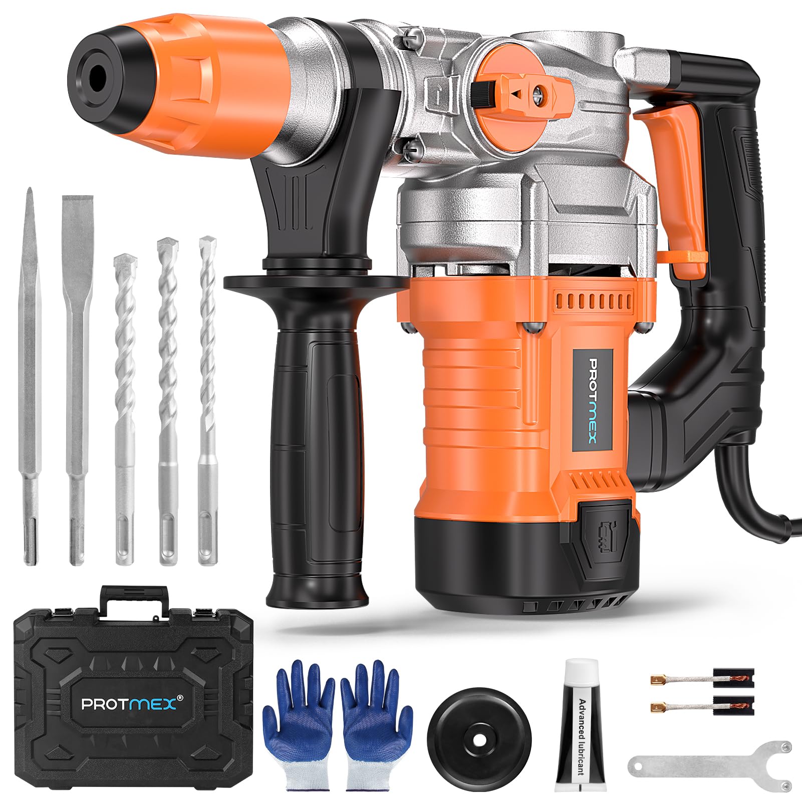 Protmex rotary hammer front view with 13A motor for heavy-duty concrete work
