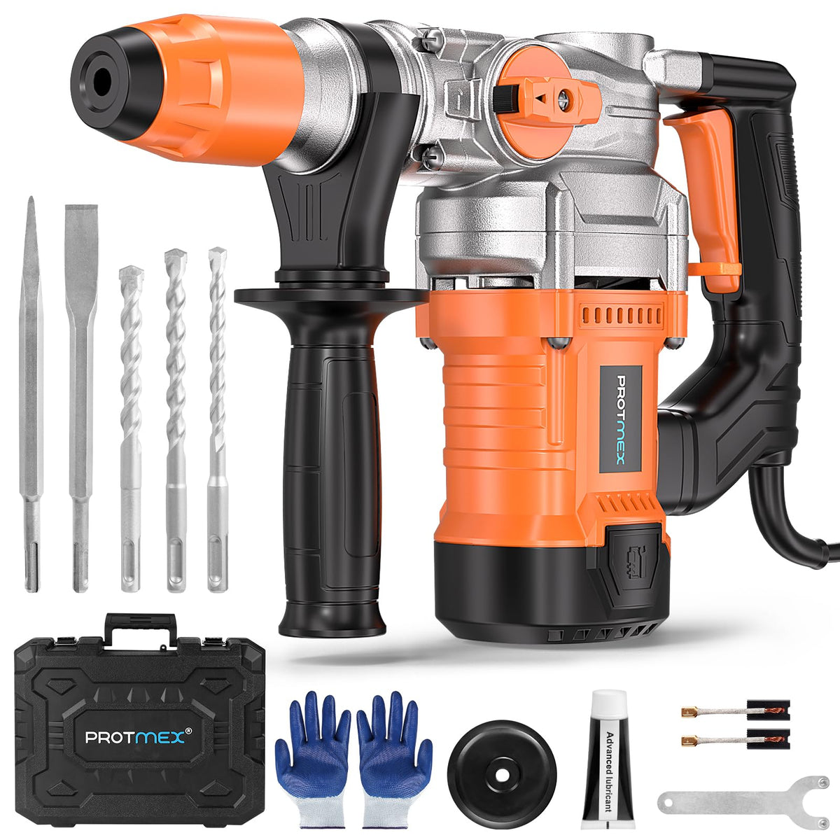 Protmex rotary hammer front view with 13A motor for heavy-duty concrete work