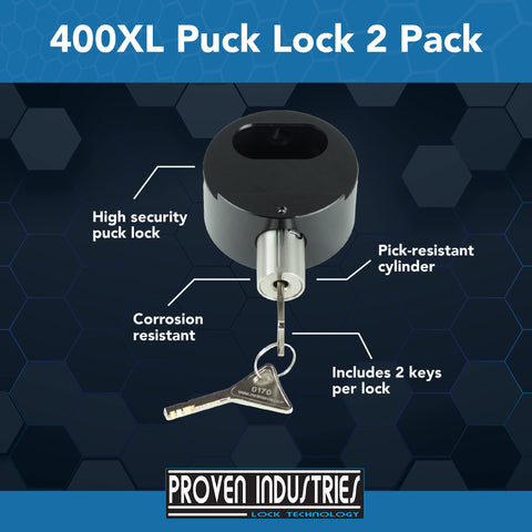 Proven Industries 400XL puck lock back view showing swivel hasp fit