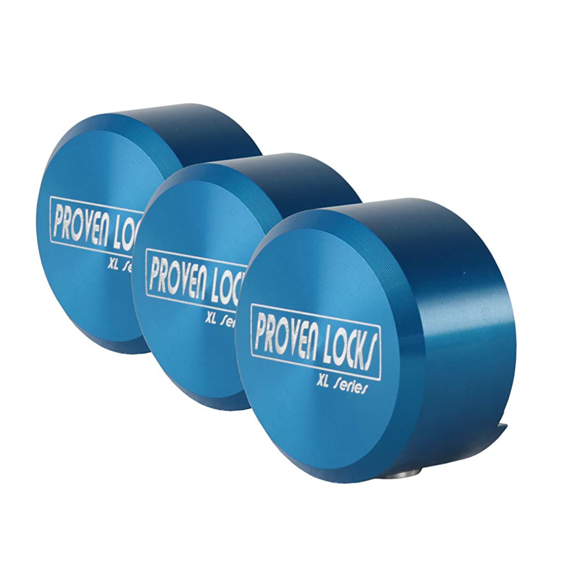 Proven Industries 400XL puck-lock blue front view securing trailer doors