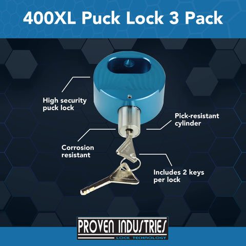 Blue 400XL puck-lock side view showing rugged aluminum body