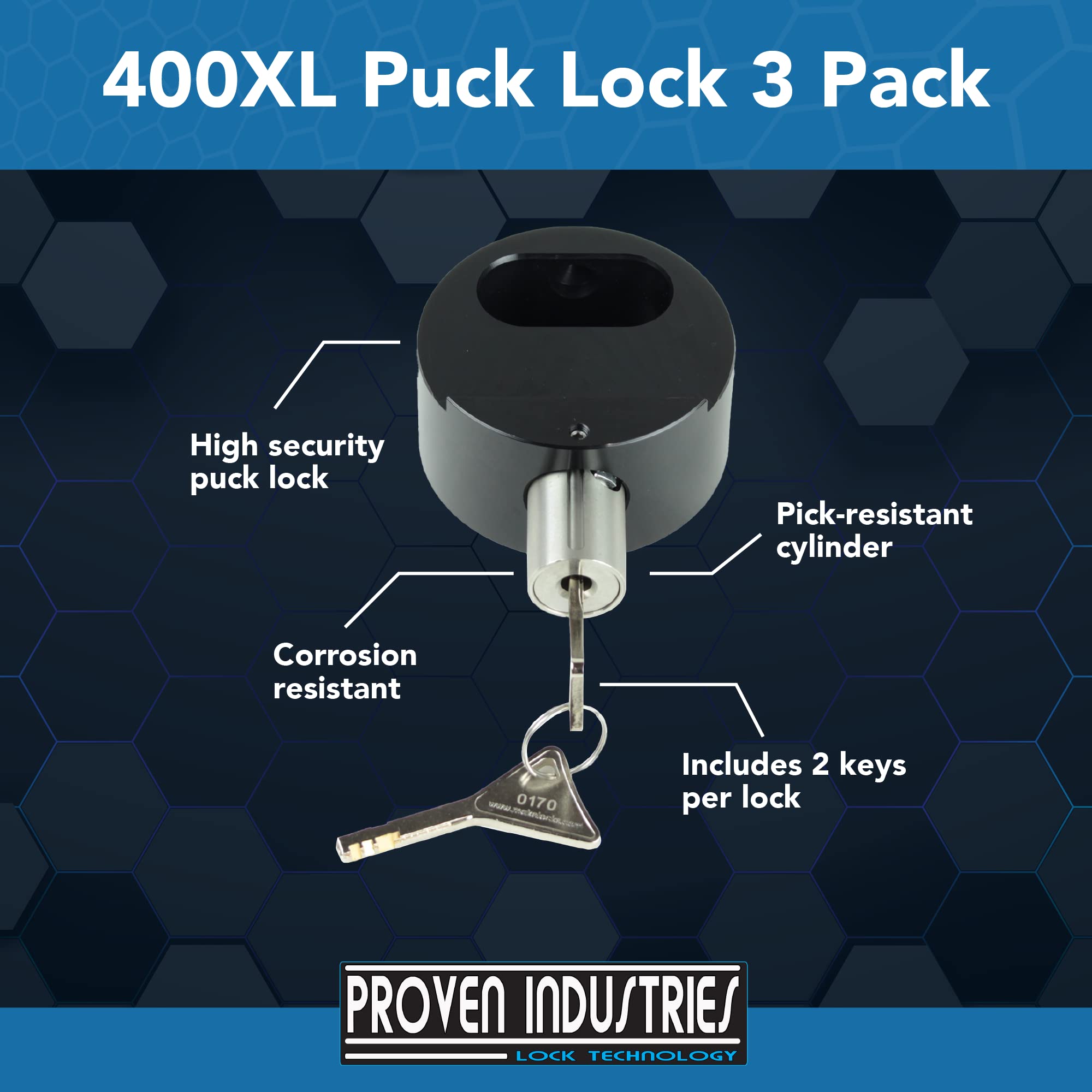 Proven Industries Model 400XL puck lock back opening, fits swivel hasps with ease