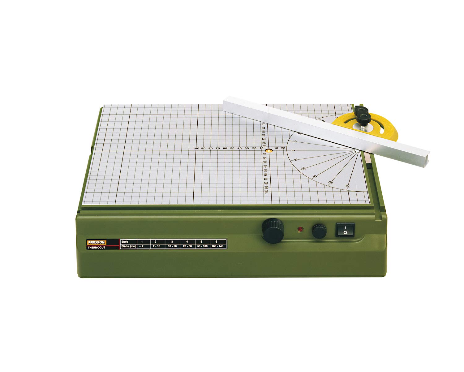 Proxxon Thermocut 115/E base grid and protractor support accurate measurements.