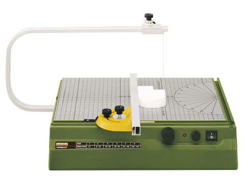 Proxxon Thermocut 115/E shown with large table for precise cuts.