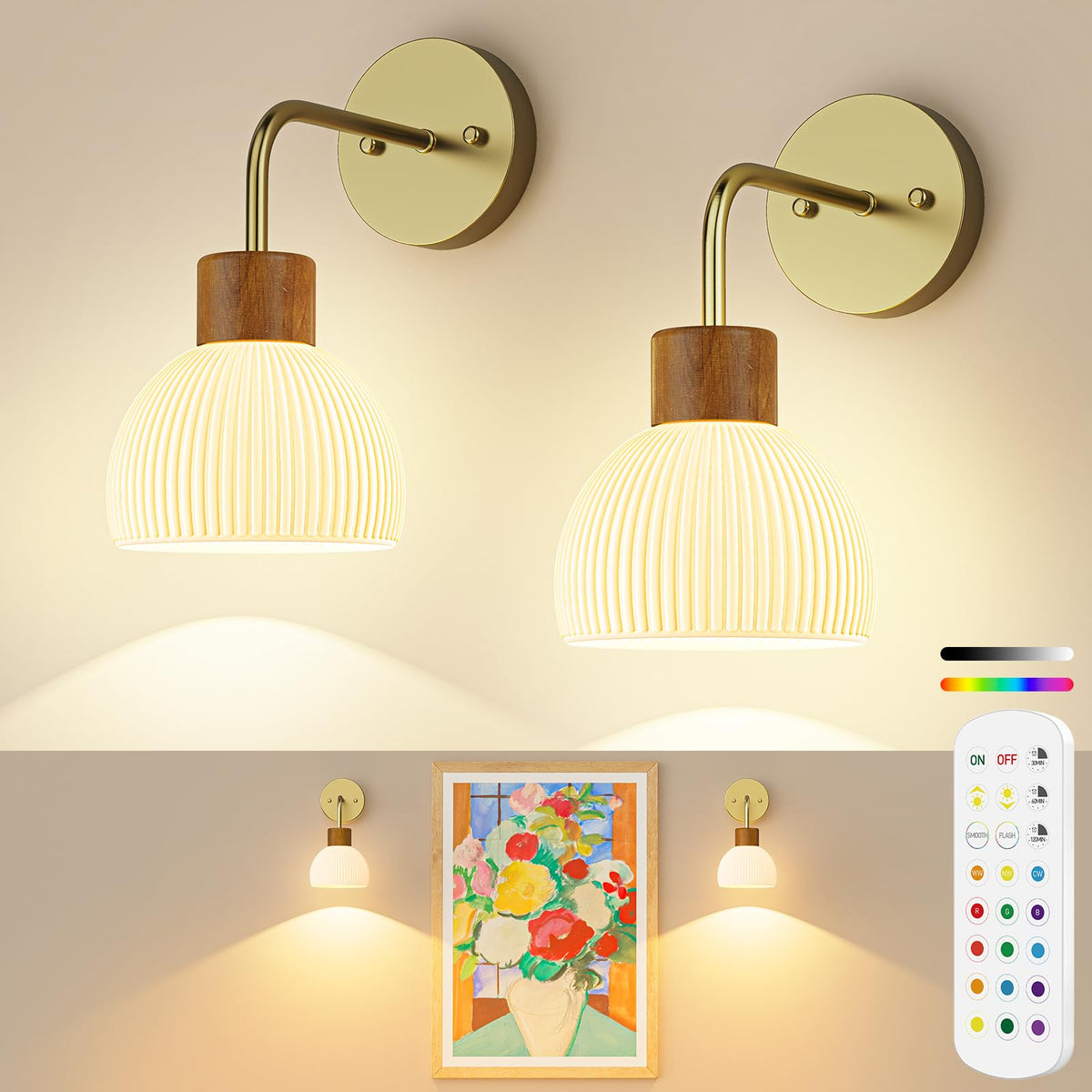 PRTILOUD glass wall sconce with wood finish adds vintage charm.