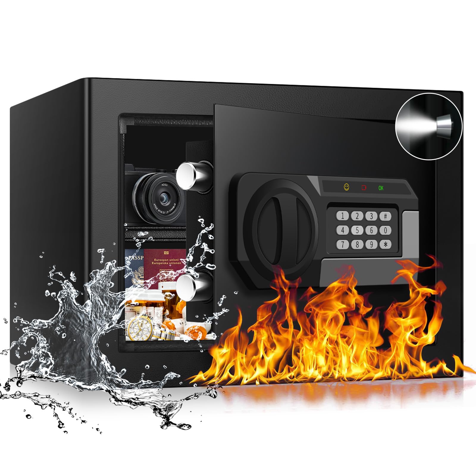 Psisuvry 1-2 cubic feet small fire safe box on a shelf for discreet valuables storage