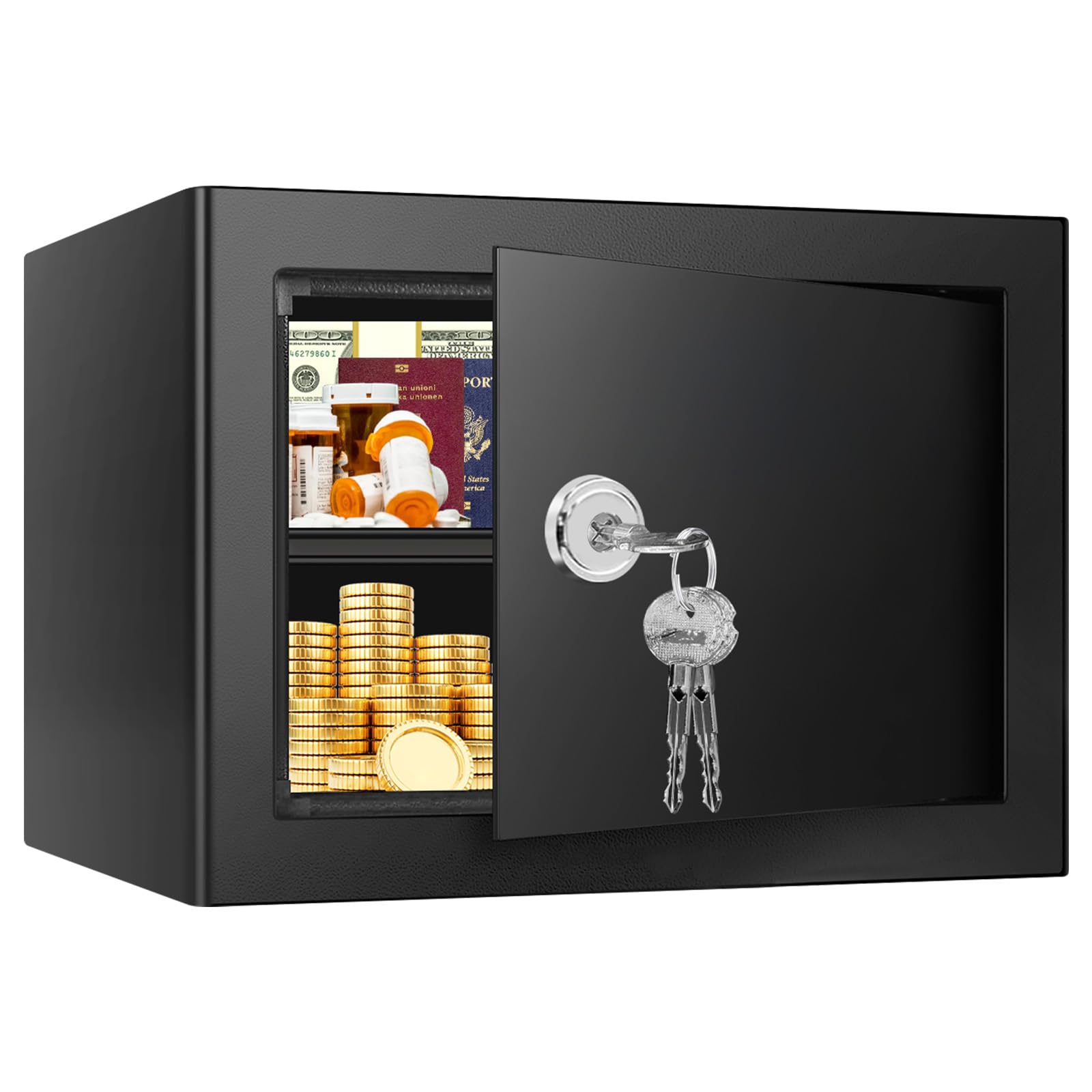 Psisuvry 1.3 cu ft safe box front view shows rugged steel construction for secure storage.