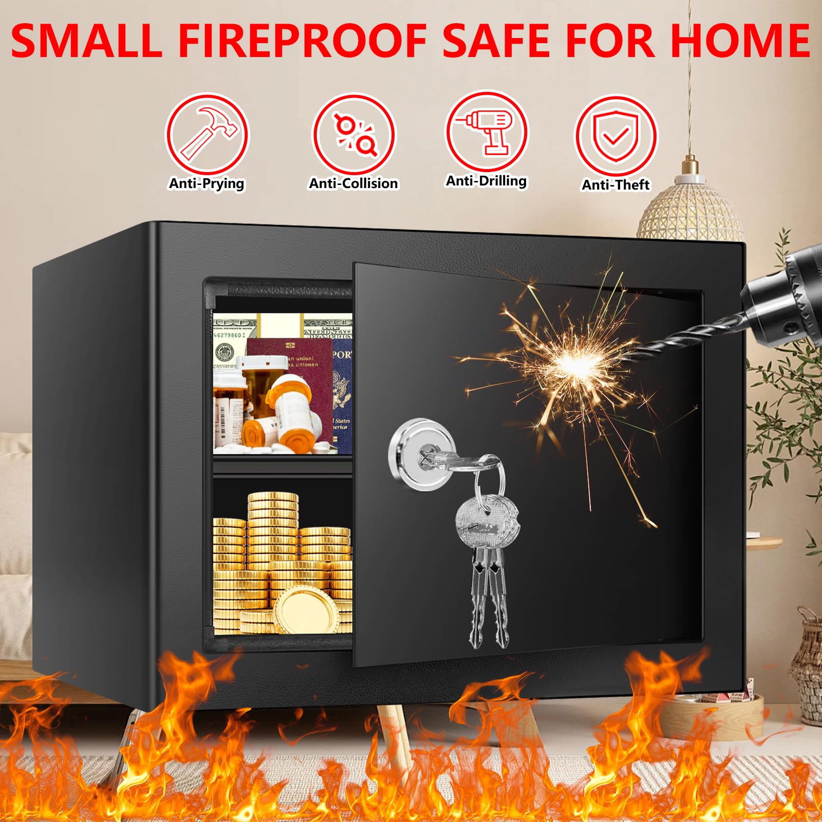 Psisuvry interior with removable shelf allows customized storage of cash and documents.