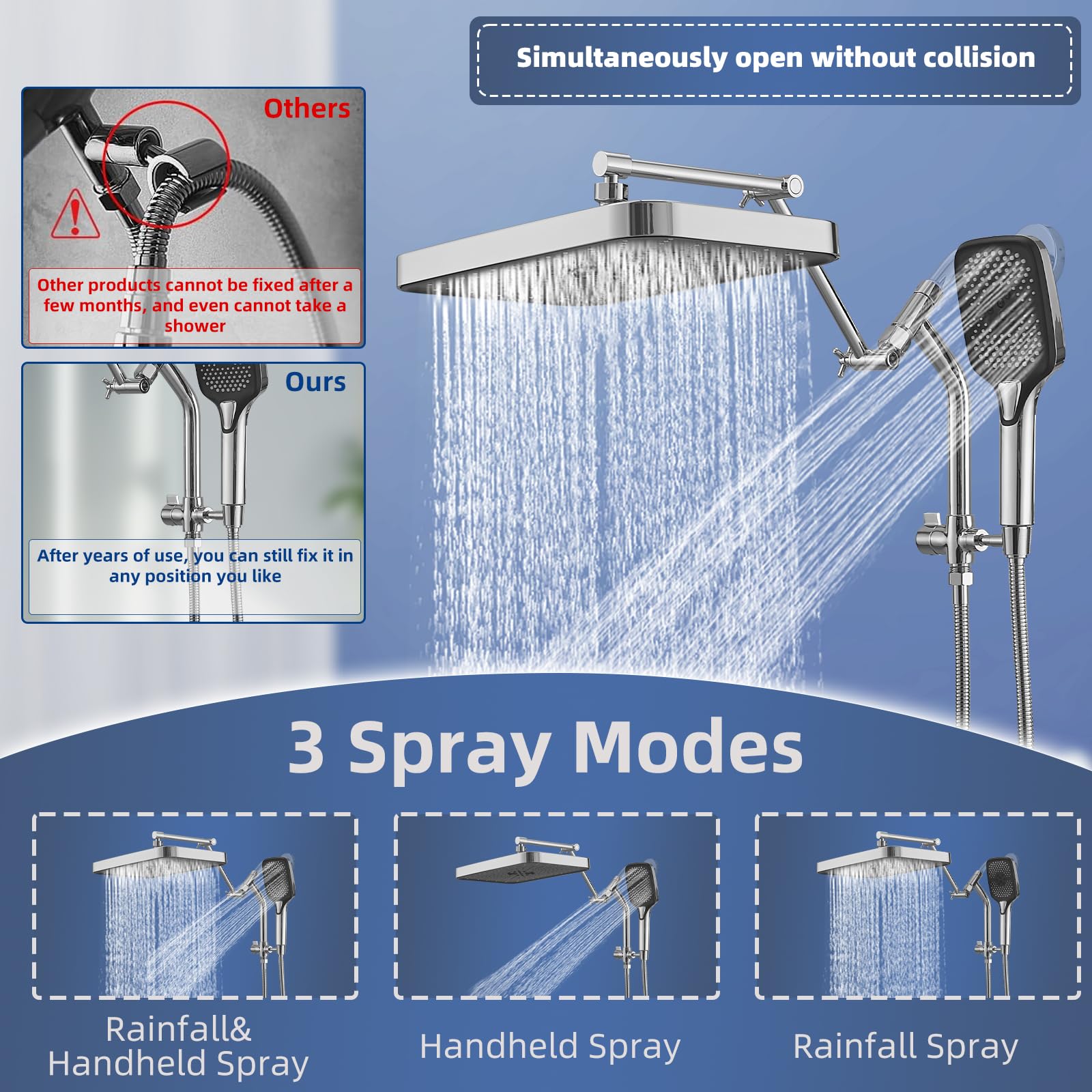 Psylc extension arm adjusts height and angle for comfortable showering.