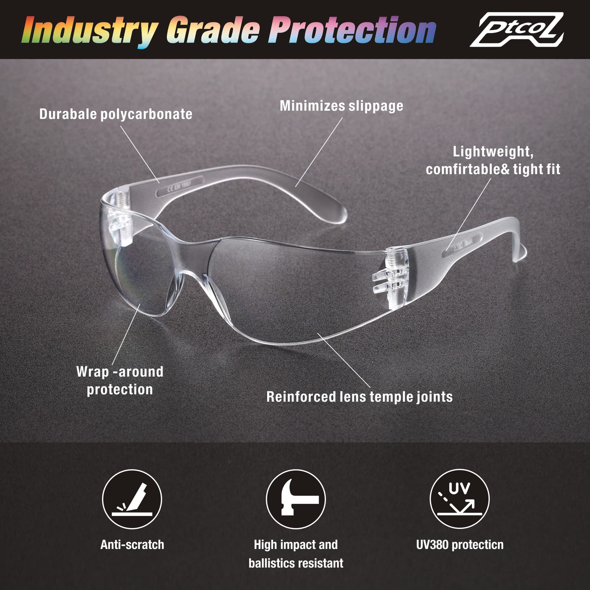 PTCOL polycarbonate anti-scratch lenses resist impact for reliable protection.