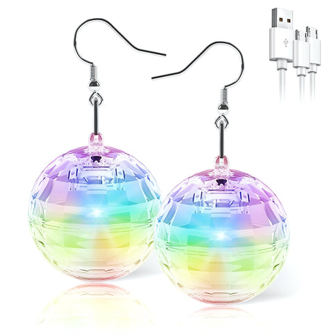 PUFIER disco ball earrings on model with vibrant light effects for party nights