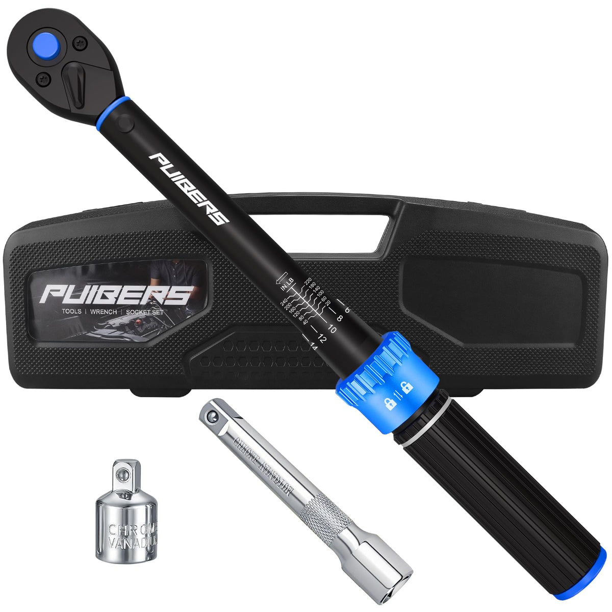 PUIBERS 3/8 drive torque wrench with 72-tooth head for precise tightening.