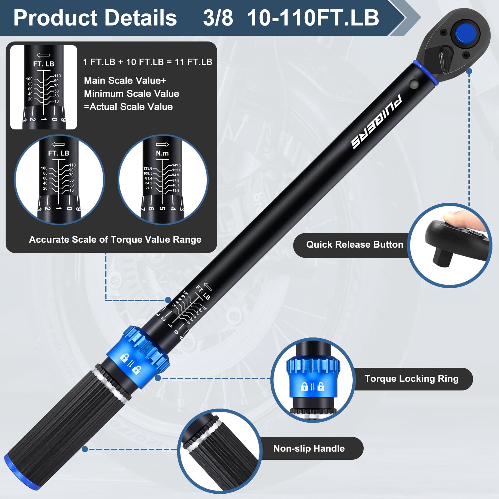 PUIBERS 72-tooth quick-release ratchet enables smooth socket changes.