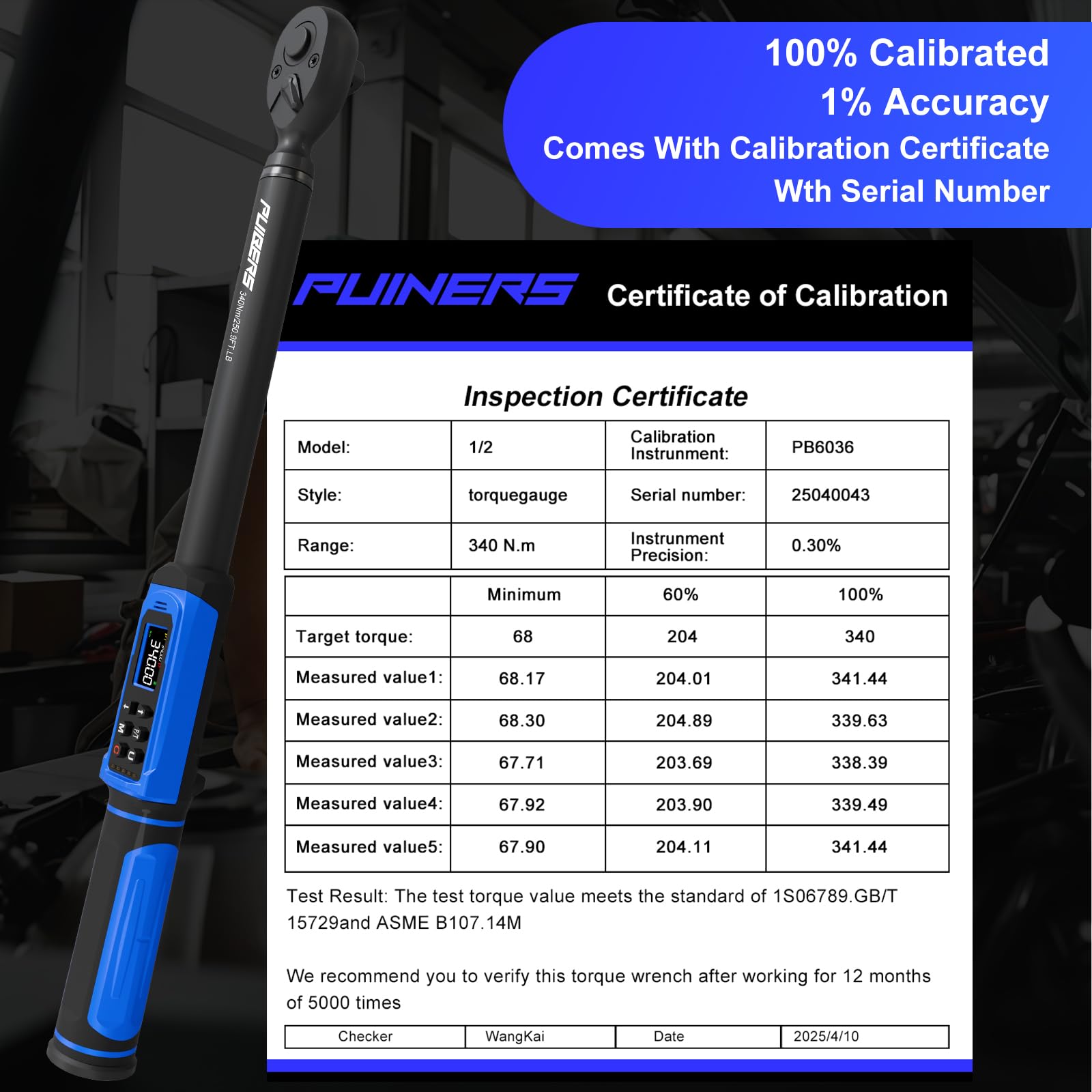 PUIBERS digital torque wrench includes calibration certificate.