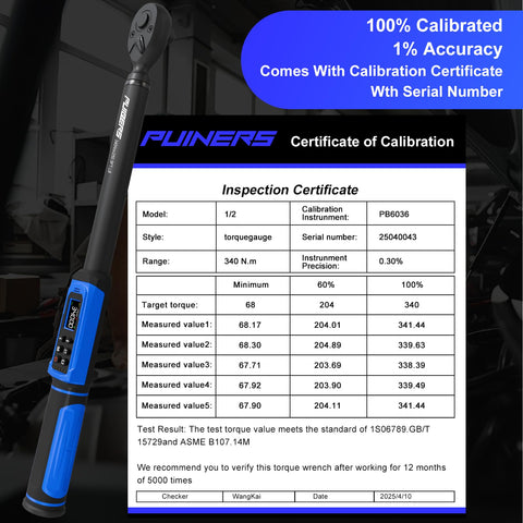 PUIBERS digital torque wrench includes calibration certificate.