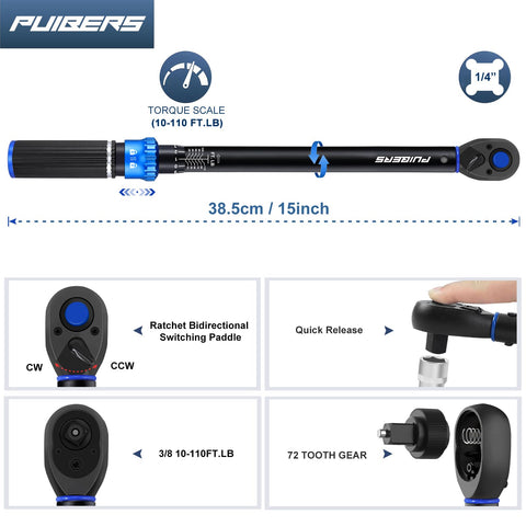 PUIBERS torque wrench lock button close-up highlighting quick torque setting and tactile click.