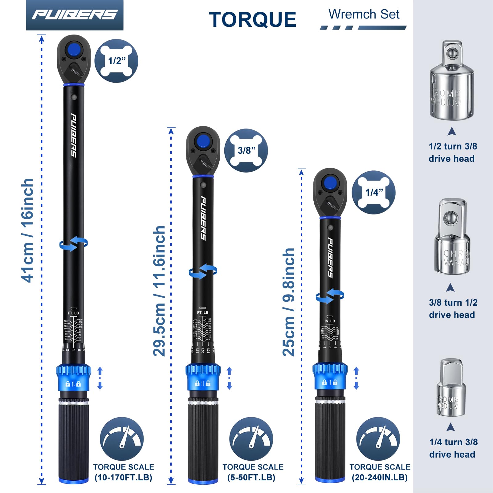 PUIBERS torque wrench set with 3/8 drive dials for accurate tightening