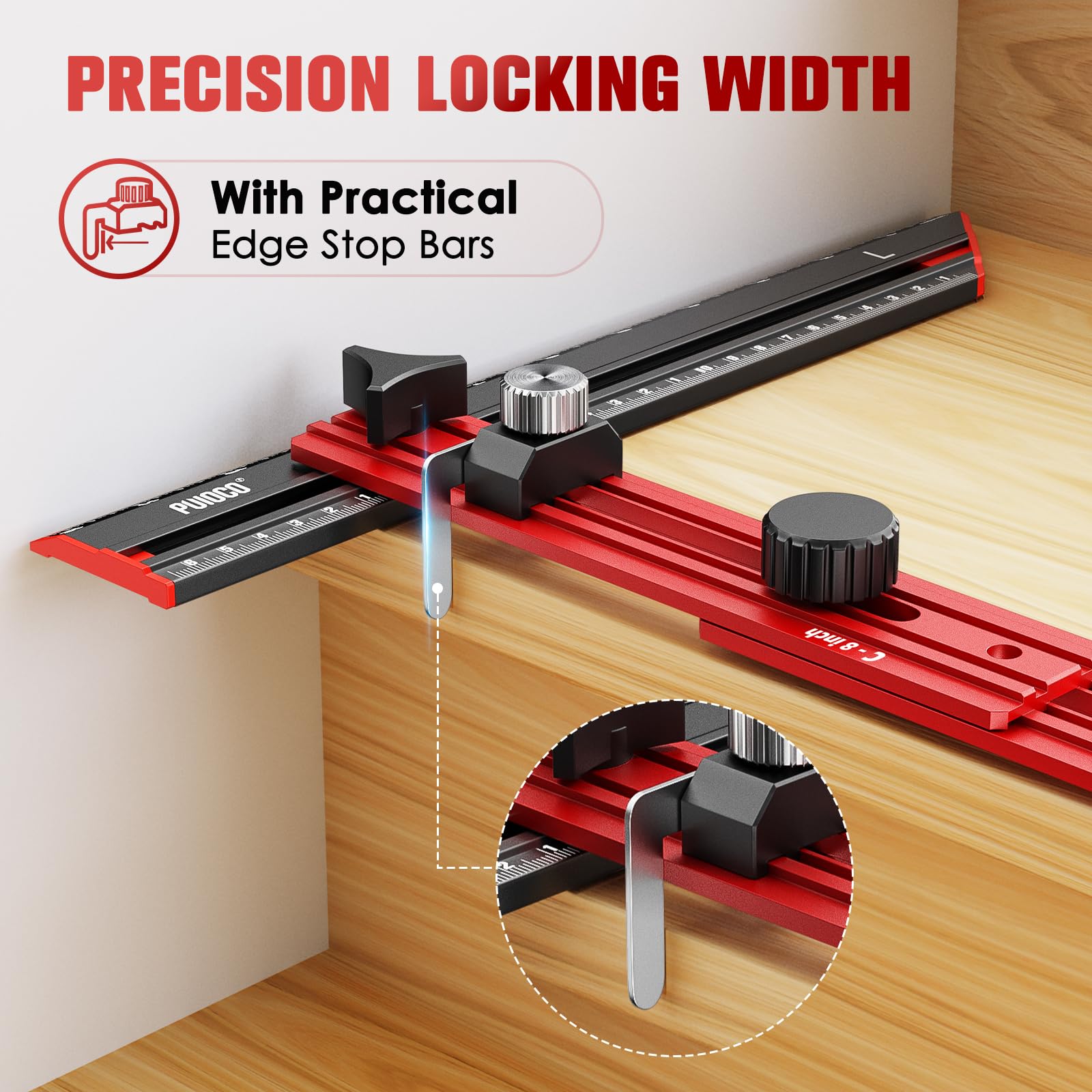 PUIOCO edge flip stops aligned with tread edges for quick template replication.