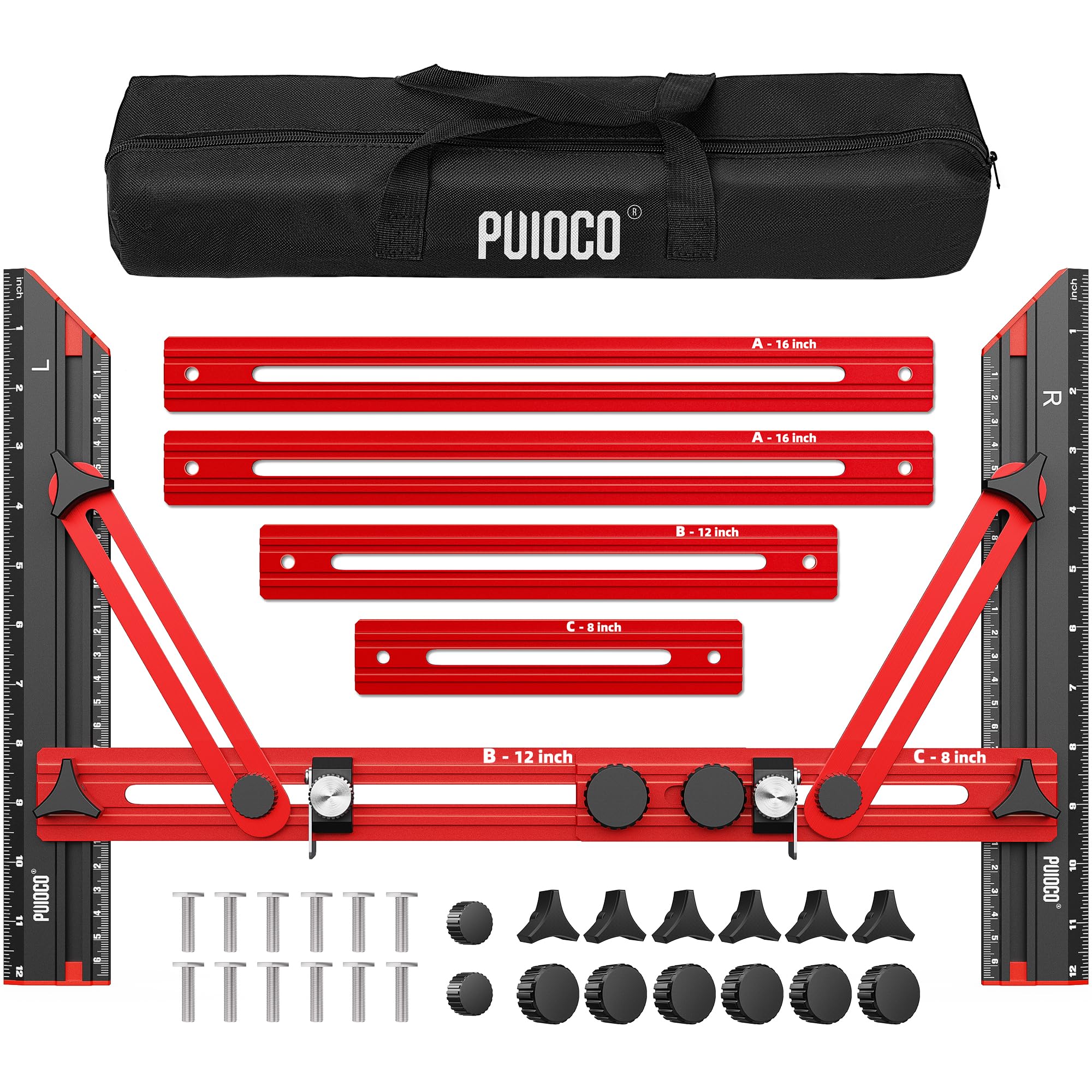PUIOCO stair tread template tool in use for precise stair measurements.