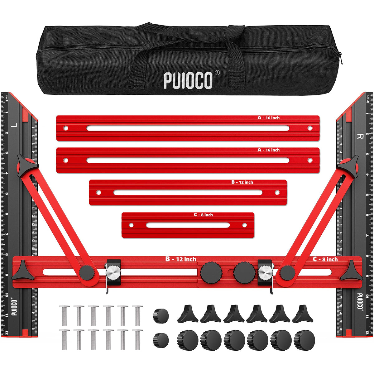 PUIOCO stair tread template tool in use for precise stair measurements.