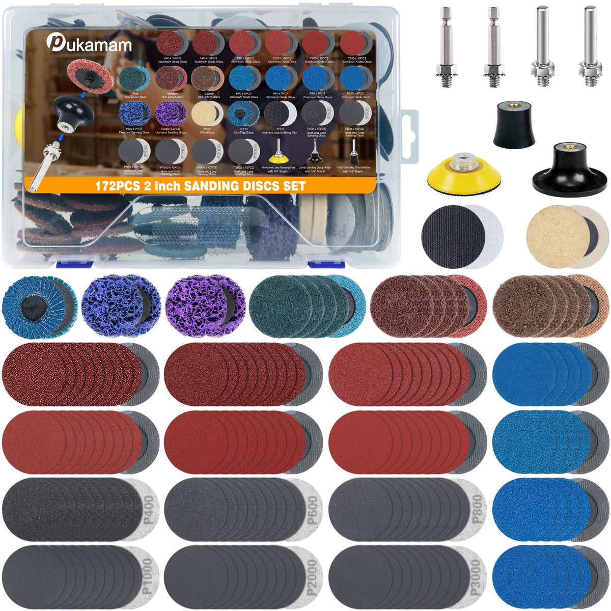 Pukamam 172-piece 2-inch sanding discs set for versatile surface conditioning.